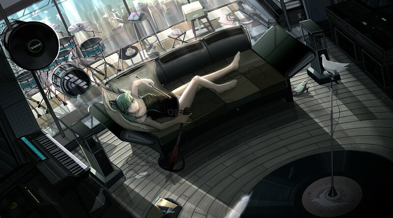 Anime girl in music studio