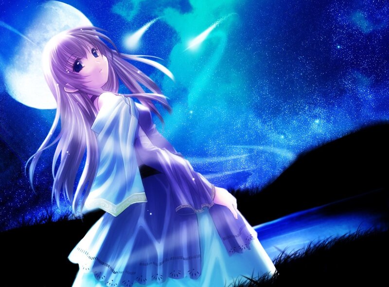 Anime Girl in Night — Blue, Serene, Digital Art, Moon, Stars