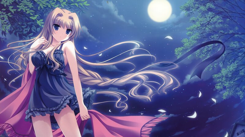 Anime Girl in Night — Blue, Serene, Digital Art, Moon