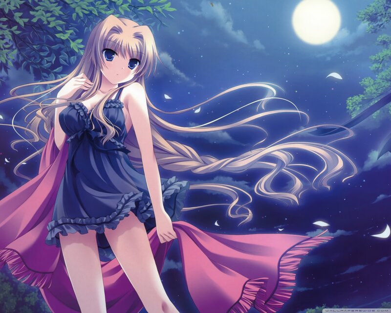 Anime Girl in Night — Blue, Serene, Moon, Trees, Stars