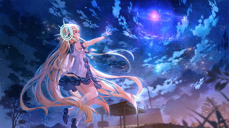 Anime Girl in Night Sky — Blue, Dreamy, Digital Art