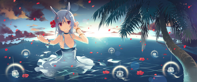 Anime girl in ocean at sunset