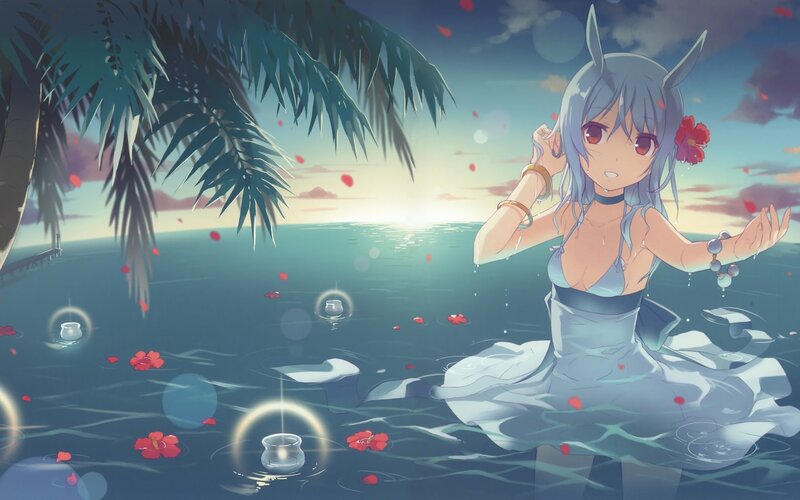 Anime girl in ocean at sunset
