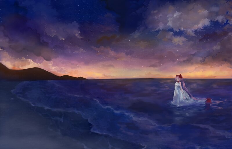 Anime girl in ocean at sunset