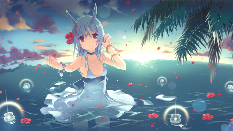 Anime girl in ocean at sunset