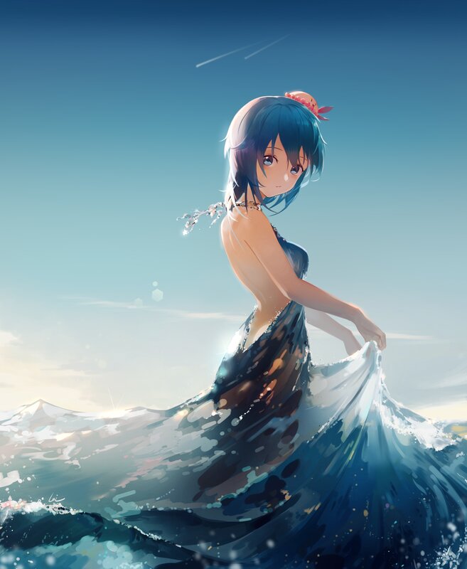 Anime Girl in Ocean — Blue, Serene, Afternoon, Digital Art
