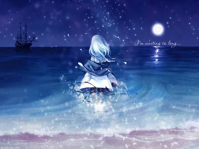 Anime Girl in Ocean — Blue, Serene, Night, Digital Art