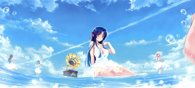 Anime girl in ocean with gramophone