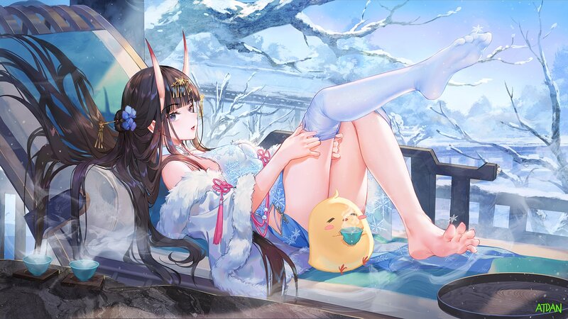 Anime Girl in Onsen — Blue, Serene, Winter, Digital Art, Chick