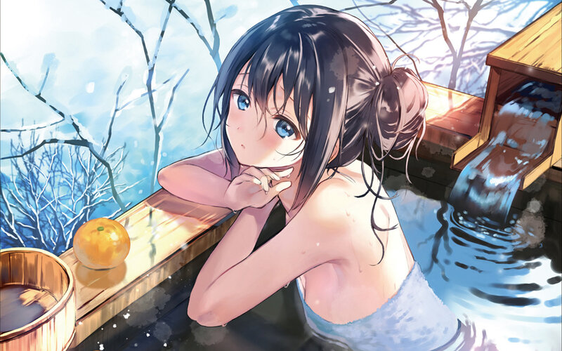 Anime Girl in Onsen — Blue, Serene, Winter, Orange