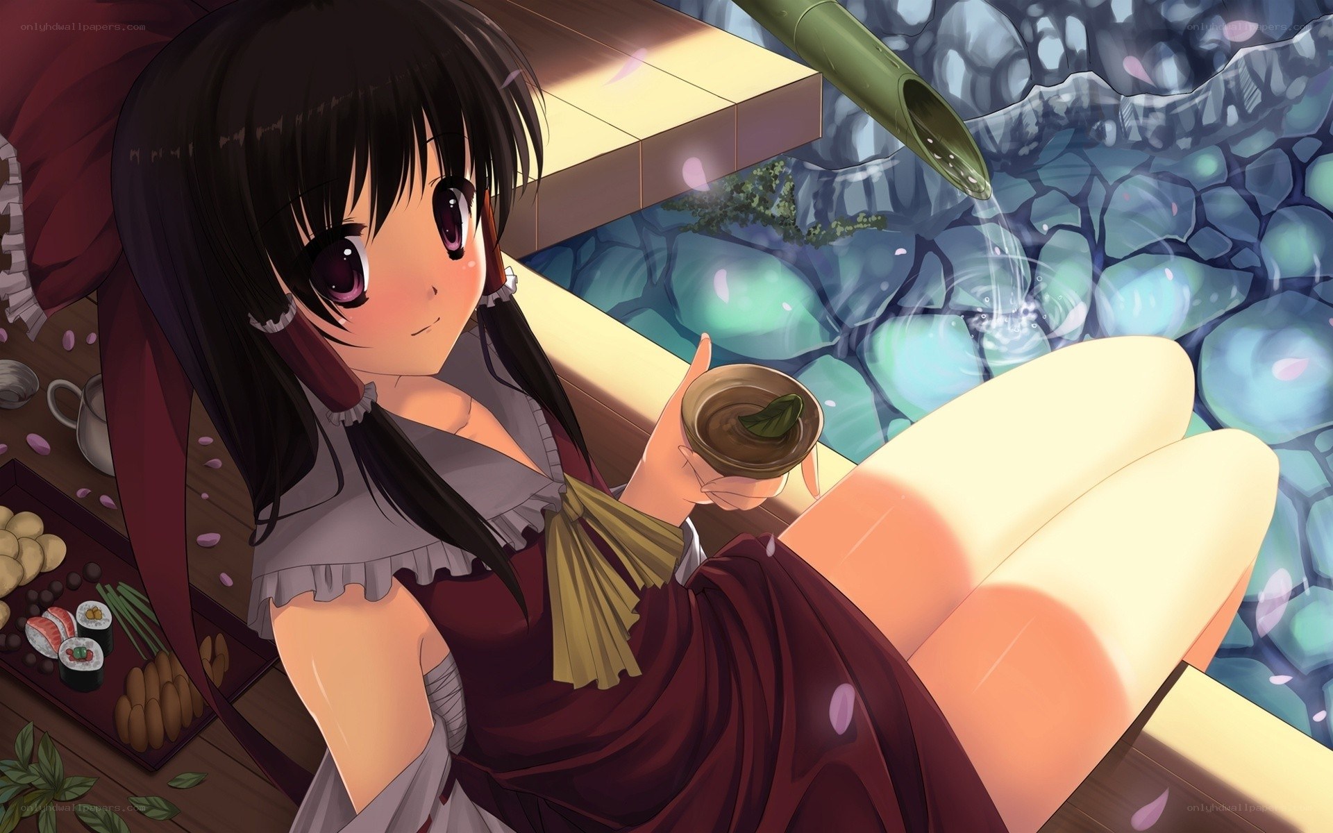 Anime girl in onsen with tea