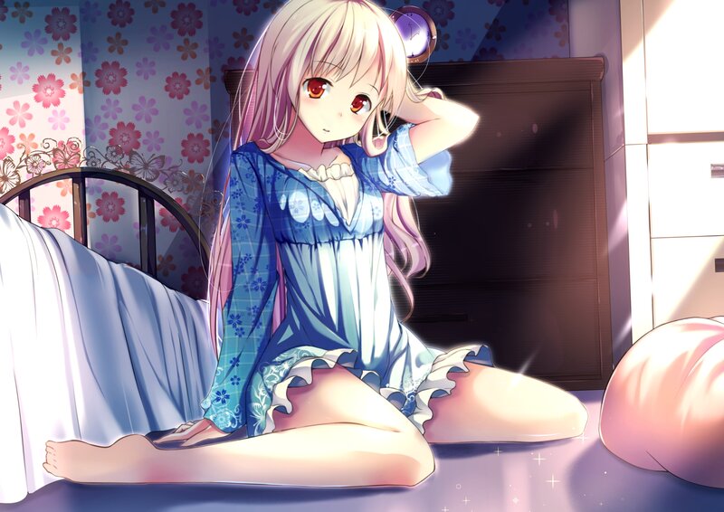 Anime Girl in Pajamas — Blue, Calm, Morning, Bed