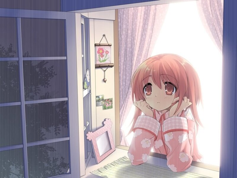 anime girl in pajamas by window
