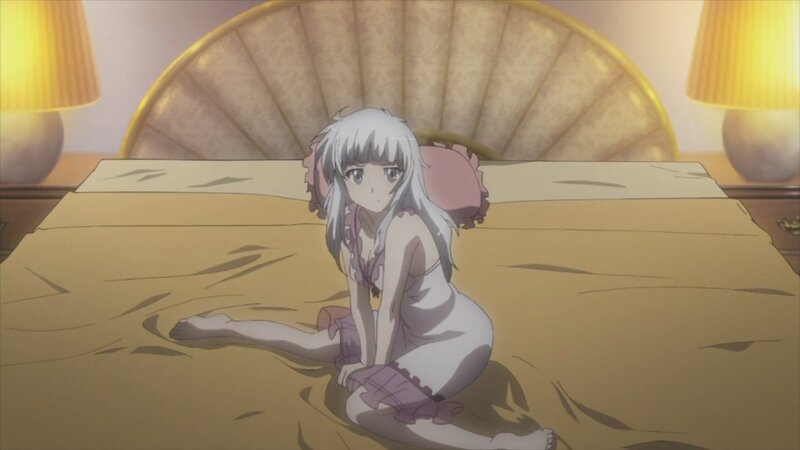 anime girl in pajamas on bed