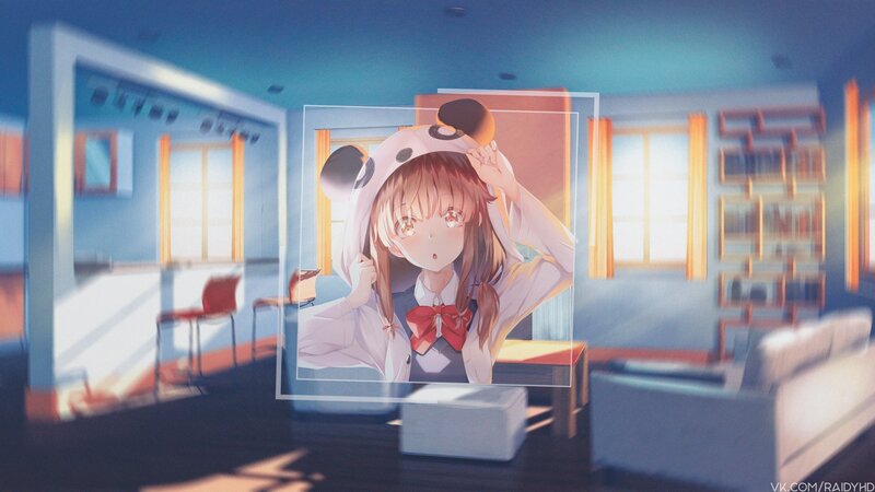 Anime Girl in Panda Hat — Blue