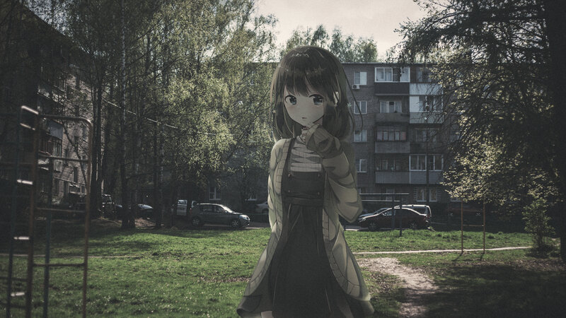 Anime Girl in Park — Green, Serene, Afternoon, Digital Art