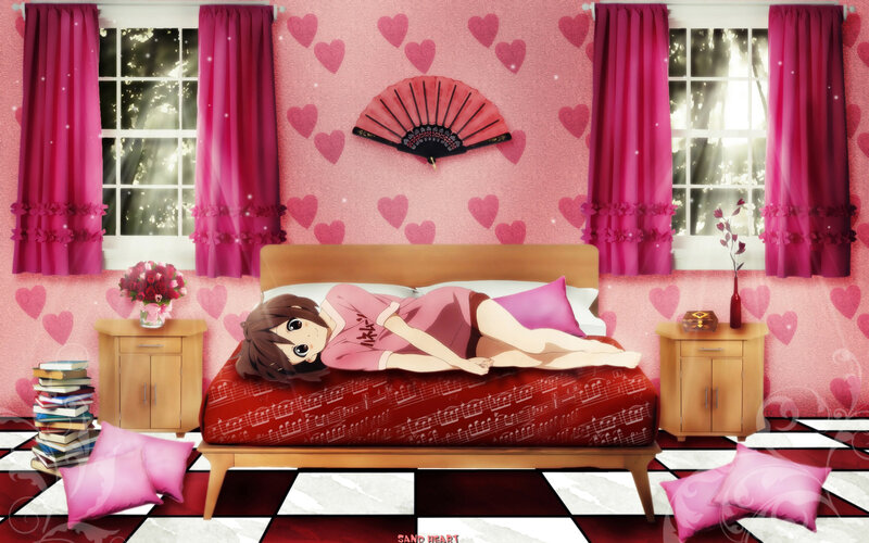 Anime girl in pink bedroom