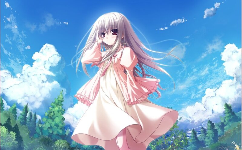 Anime Girl in Pink Dress — Blue, Serene, Afternoon, Sky