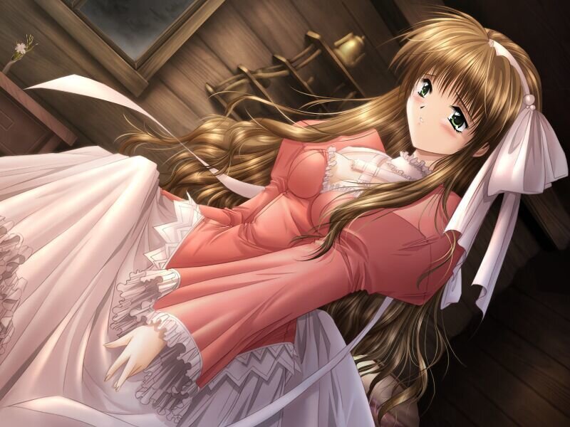 Anime Girl in Pink Dress — Calm, Long Hair, Wooden Room