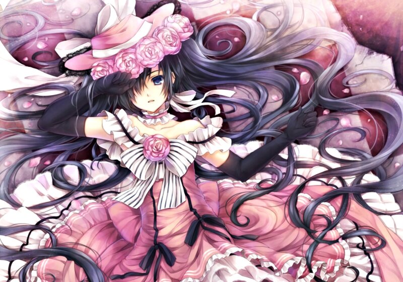 Anime Girl in Pink Dress — Dramatic, Flowers