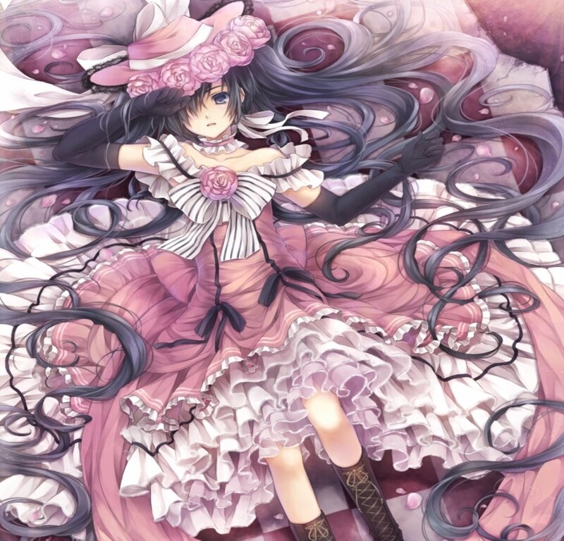 Anime Girl in Pink Dress — Dreamy, Digital Art, Long Hair, Flowers