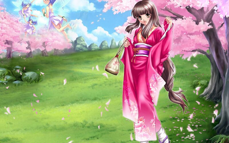 Anime girl in pink kimono