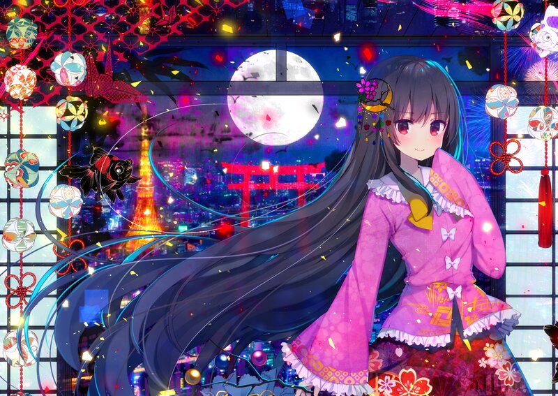 Anime Girl in Pink Kimono — Festive, Night