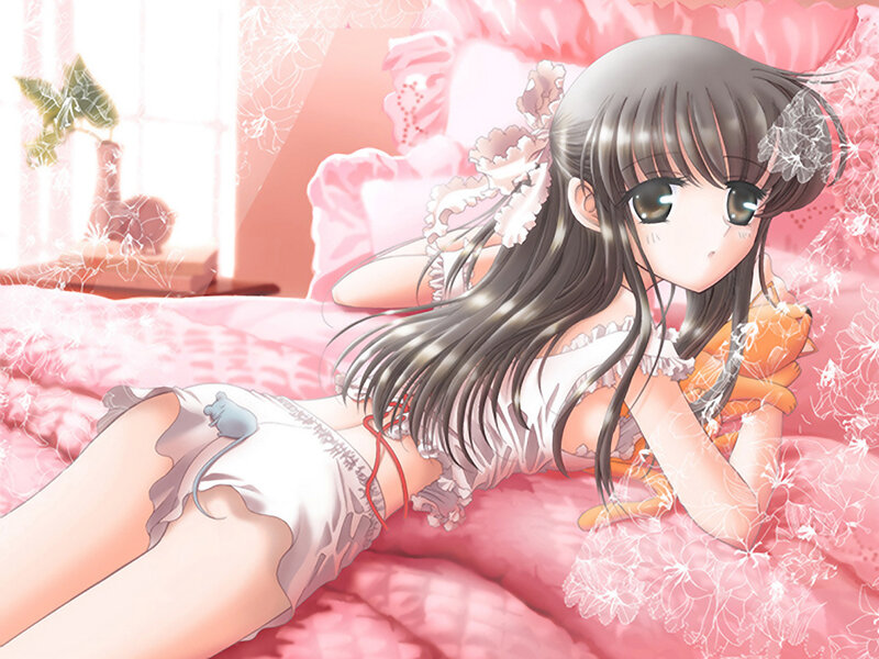 anime girl in pink room