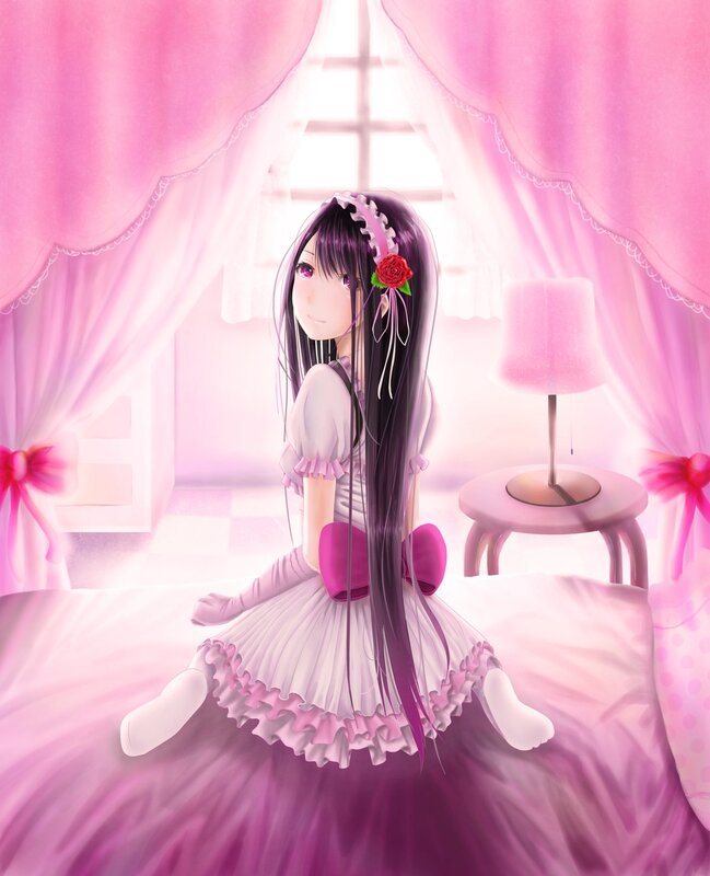 anime girl in pink room