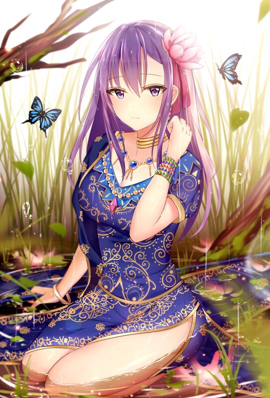 Anime Girl in Pond — Blue, Serene, Afternoon, Digital Art