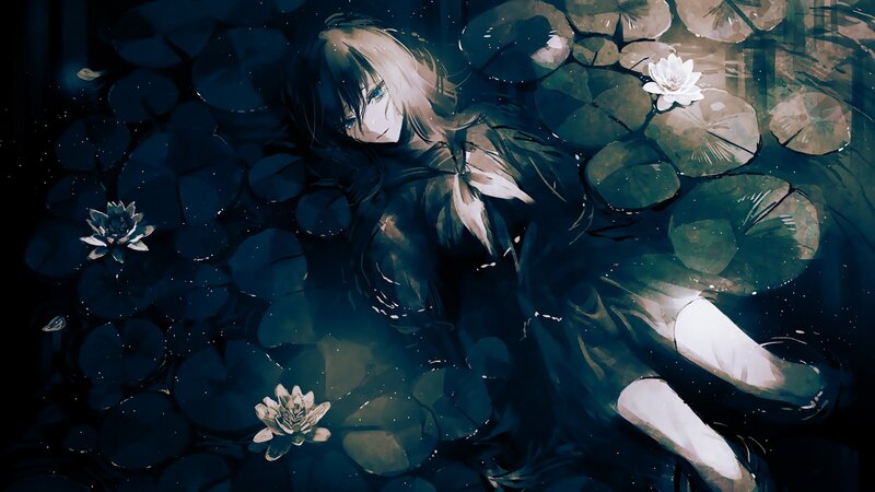 Anime Girl in Pond — Blue, Serene, Night, Digital Art