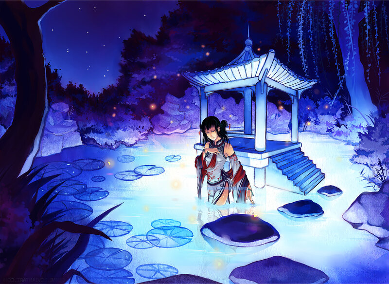 Anime Girl in Pond — Blue