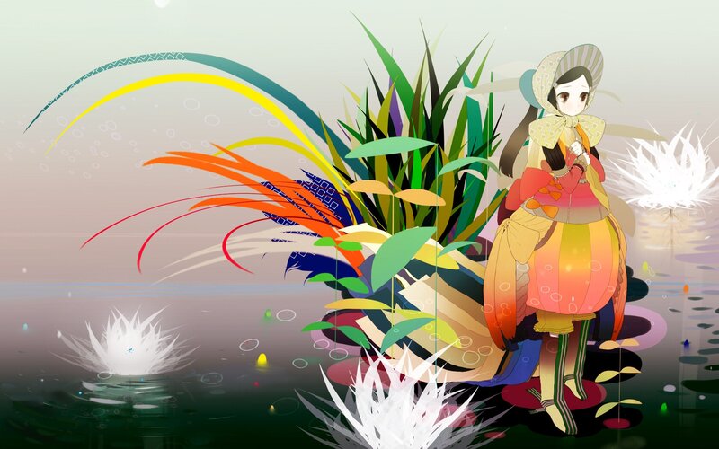 Anime Girl in Pond — Green, Serene, Digital Art