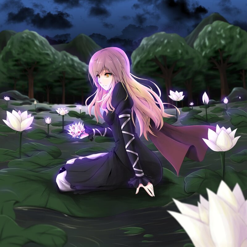 Anime Girl in Pond — Purple, Serene, Night, Digital Art