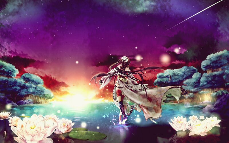 Anime Girl in Pond — Purple, Serene, Night