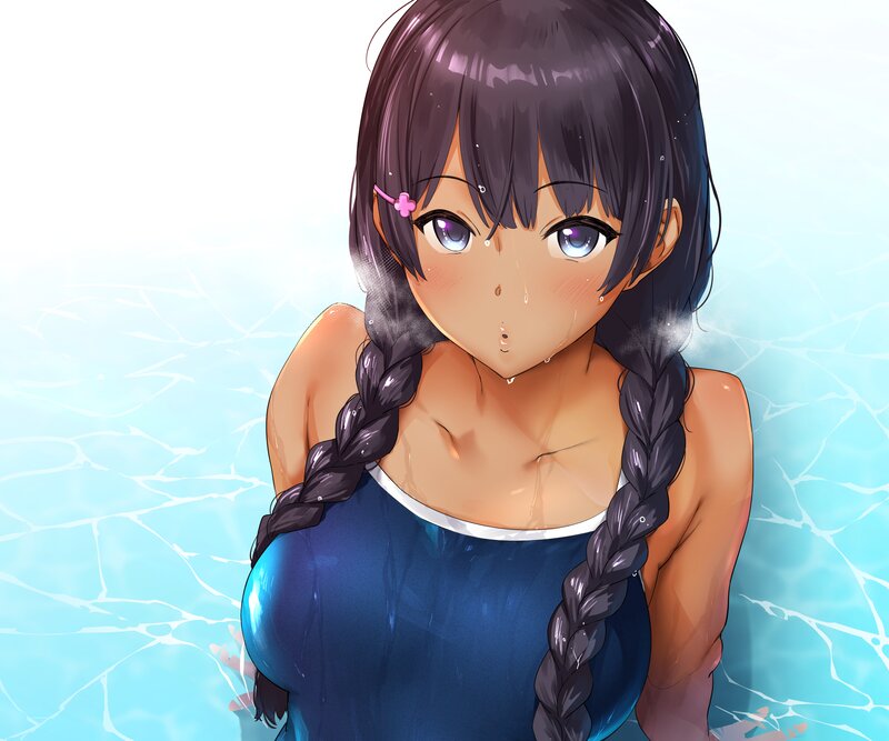 Anime Girl in Pool — Blue, Calm, Digital Art