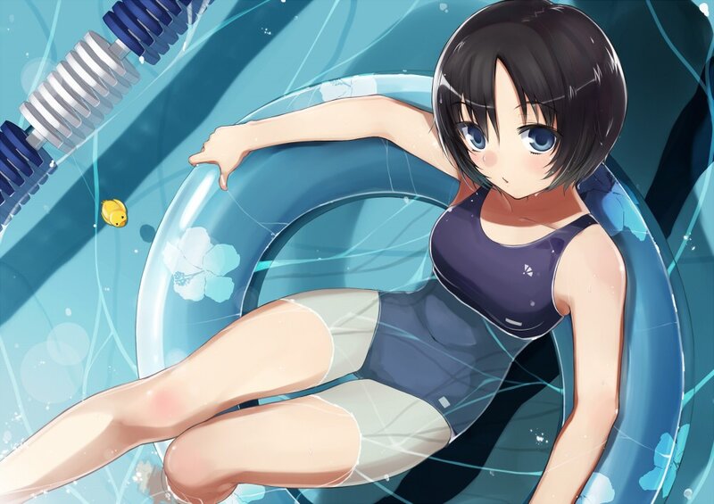 Anime Girl in Pool — Blue, Calm, Summer, Digital Art, Swimming Ring
