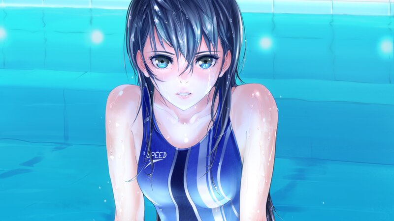 Anime Girl in Pool — Blue, Calm, Swimsuit, Water