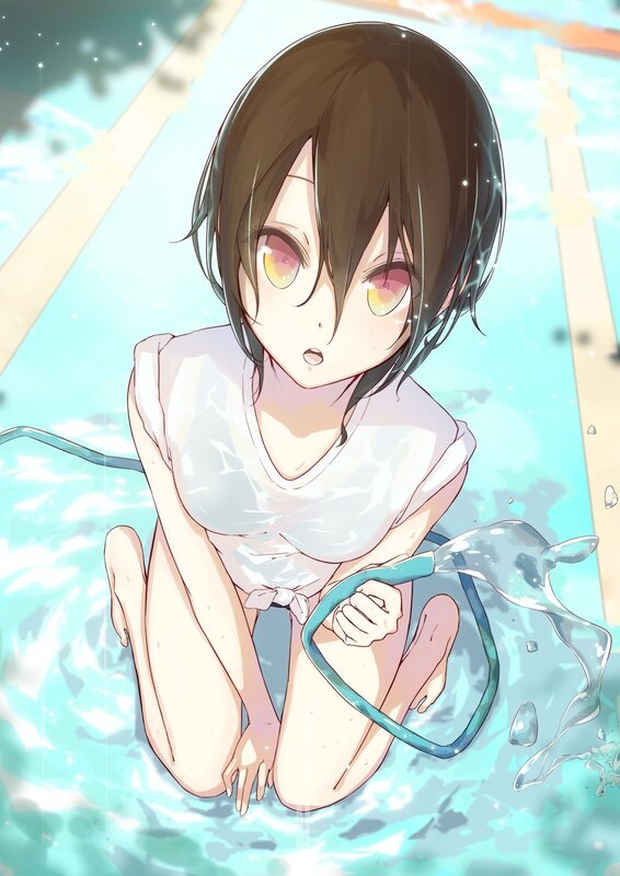 Anime Girl in Pool — Blue, Playful, Afternoon, Swimsuit