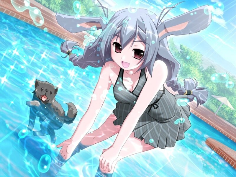 Anime Girl in Pool — Blue, Playful, Summer, Dog