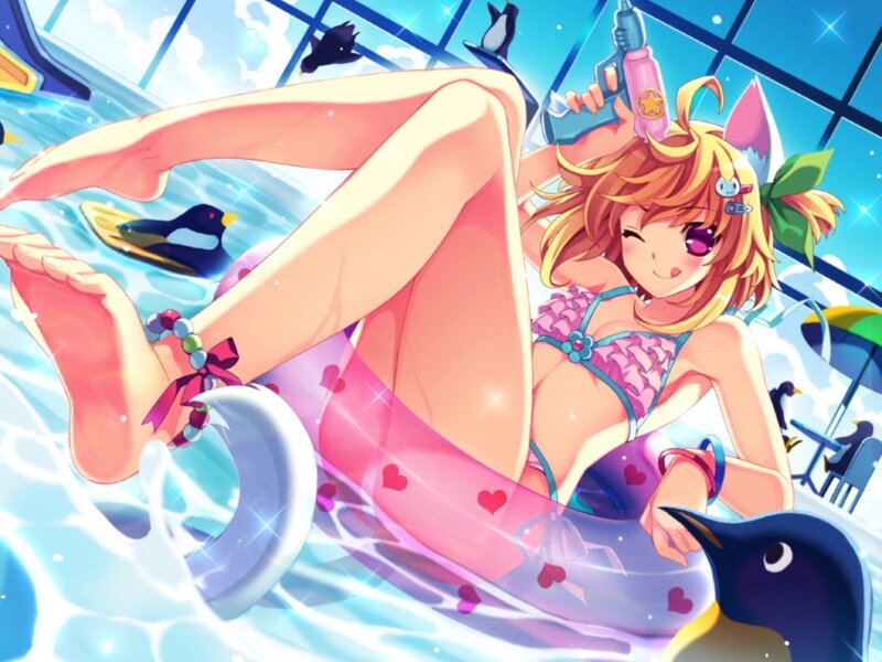 Anime Girl in Pool — Blue, Playful, Summer, Penguins