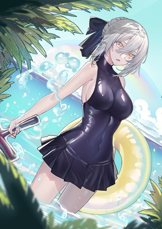 Anime Girl in Pool — Blue, Relaxed, Summer, Digital Art, Swimsuit