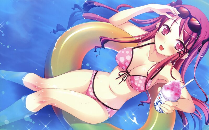 Anime Girl in Pool — Blue, Relaxed, Summer, Swimsuit, Floatie, Snow Cone