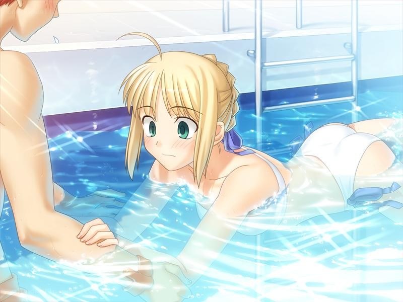 Anime girl in pool with boy