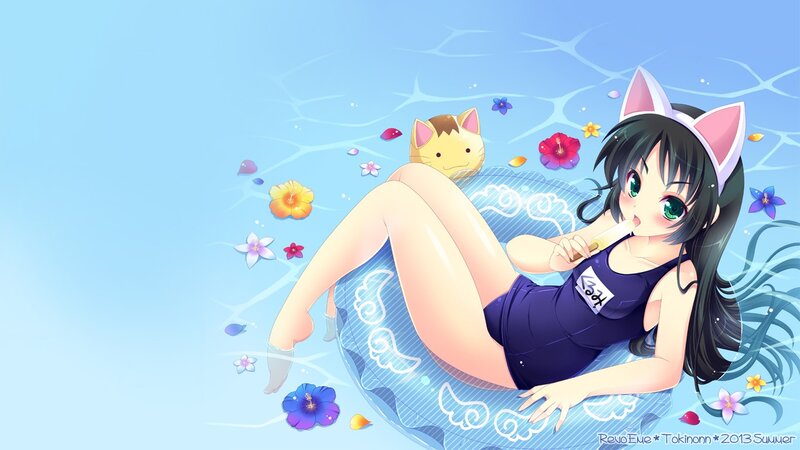 Anime girl in pool with cat