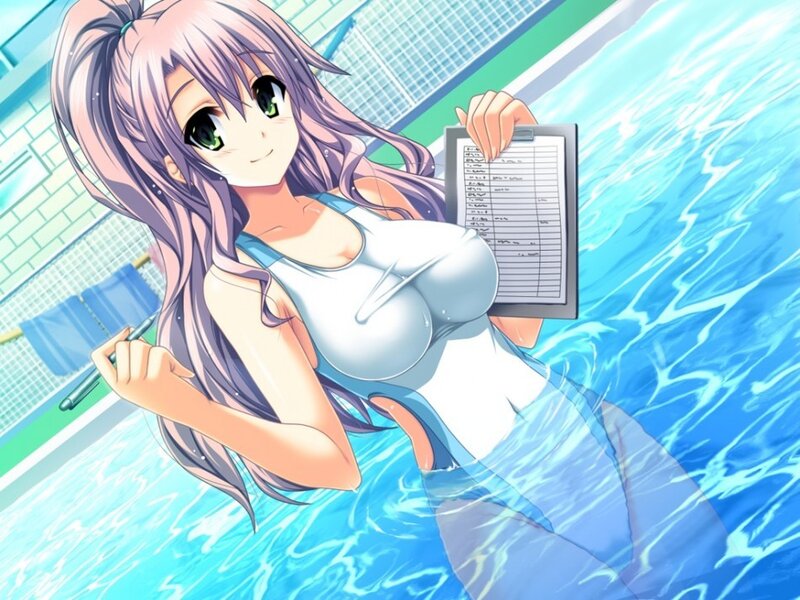 anime girl in pool with clipboard