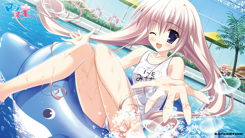 Anime girl in pool with dolphin float