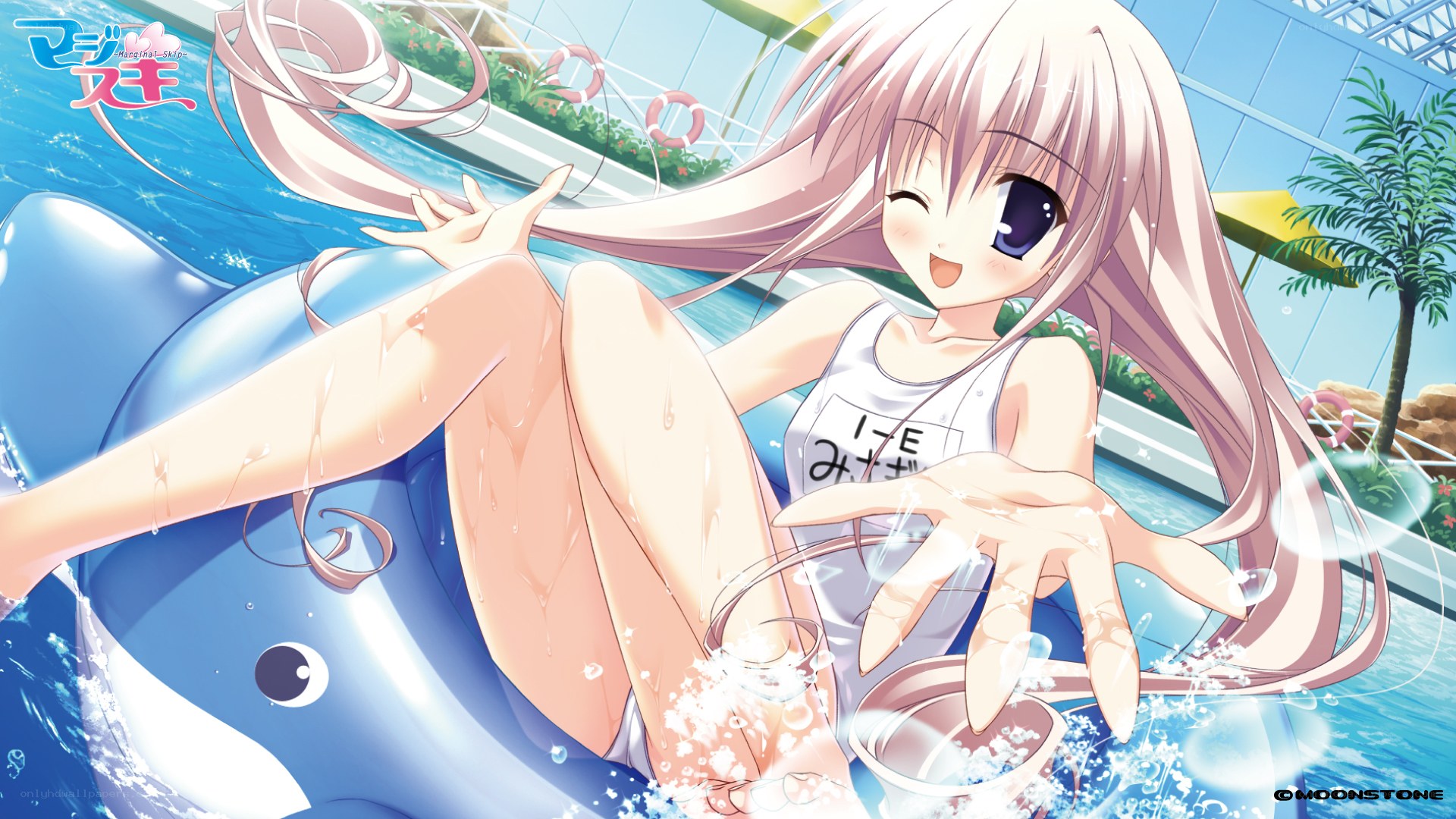 Anime girl in pool with dolphin float