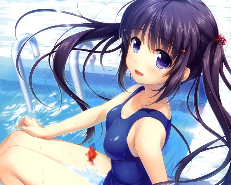 anime girl in pool with goldfish