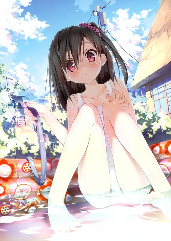 Anime girl in pool with hose